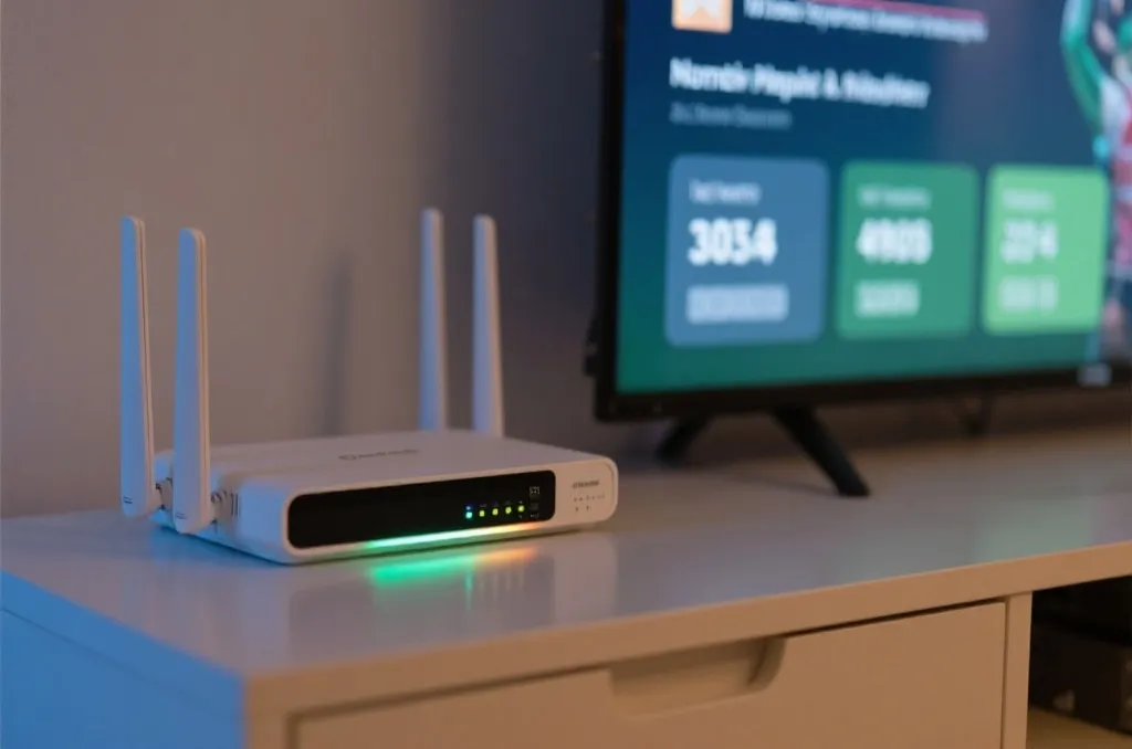 A high-speed home network router with glowing indicator lights next to a smart TV displaying sports statistics, clean aesthetic