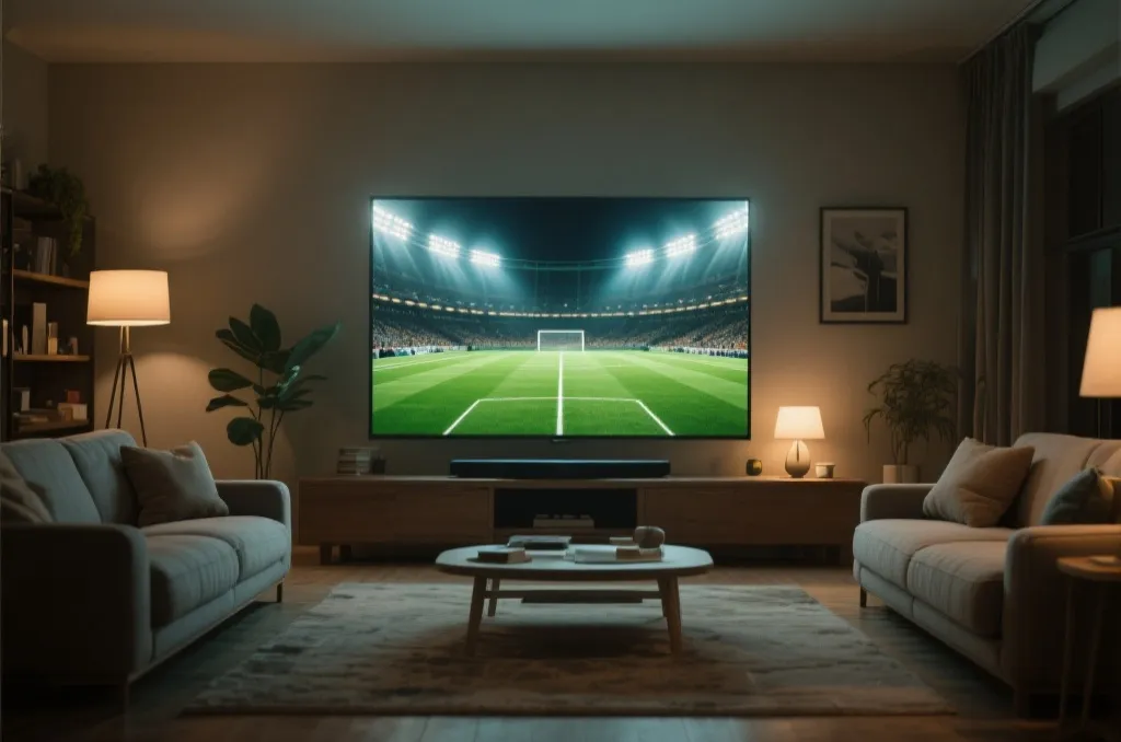 A cozy living room interior with a large smart TV screen displaying a generic green soccer field under stadium lights, cinematic lighting, photorealistic